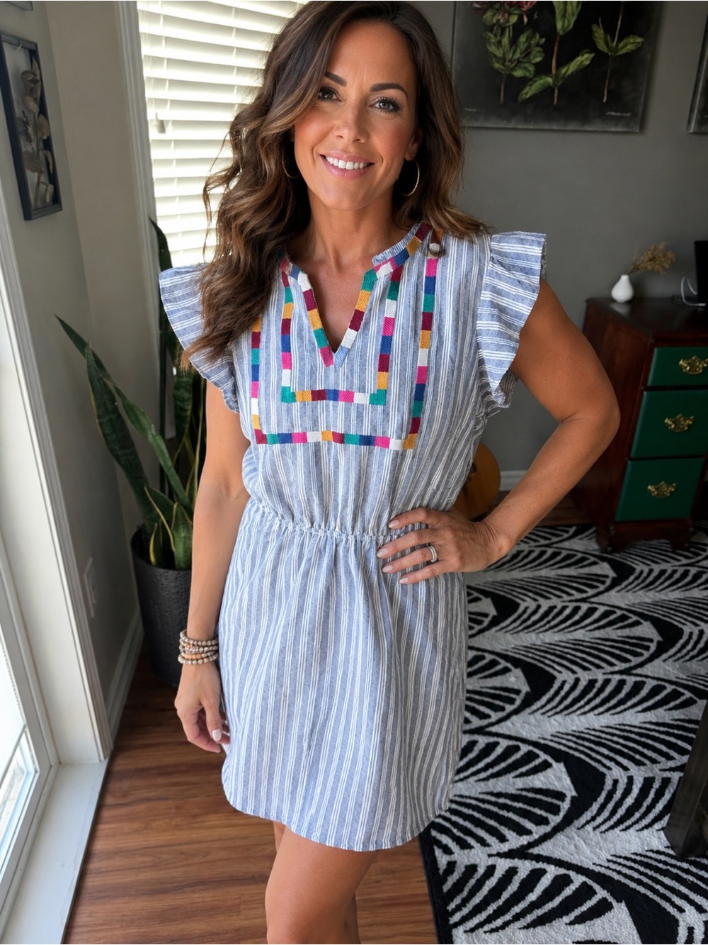 Savana Jane Striped Cotton Embroidered V-Neck Sundress with Multicolor Trim